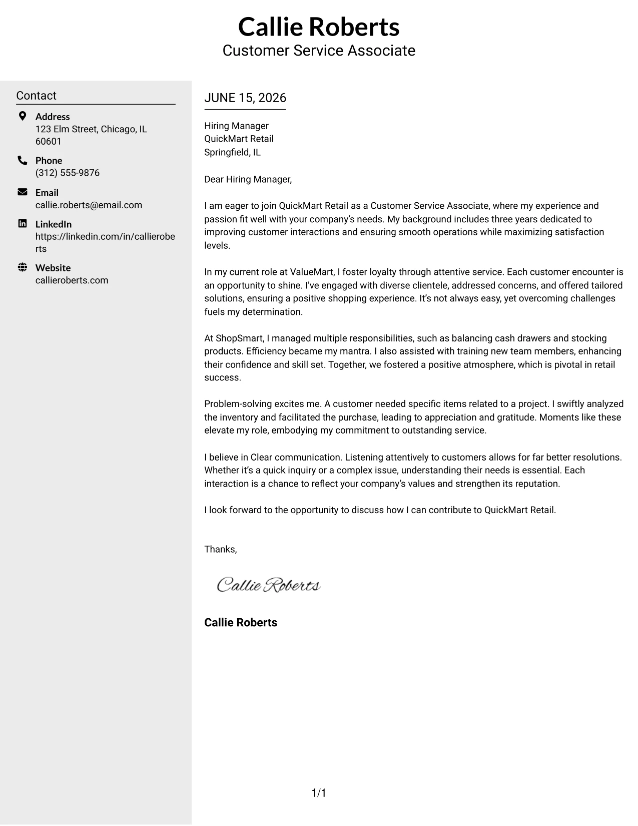 Resume Example Page 1