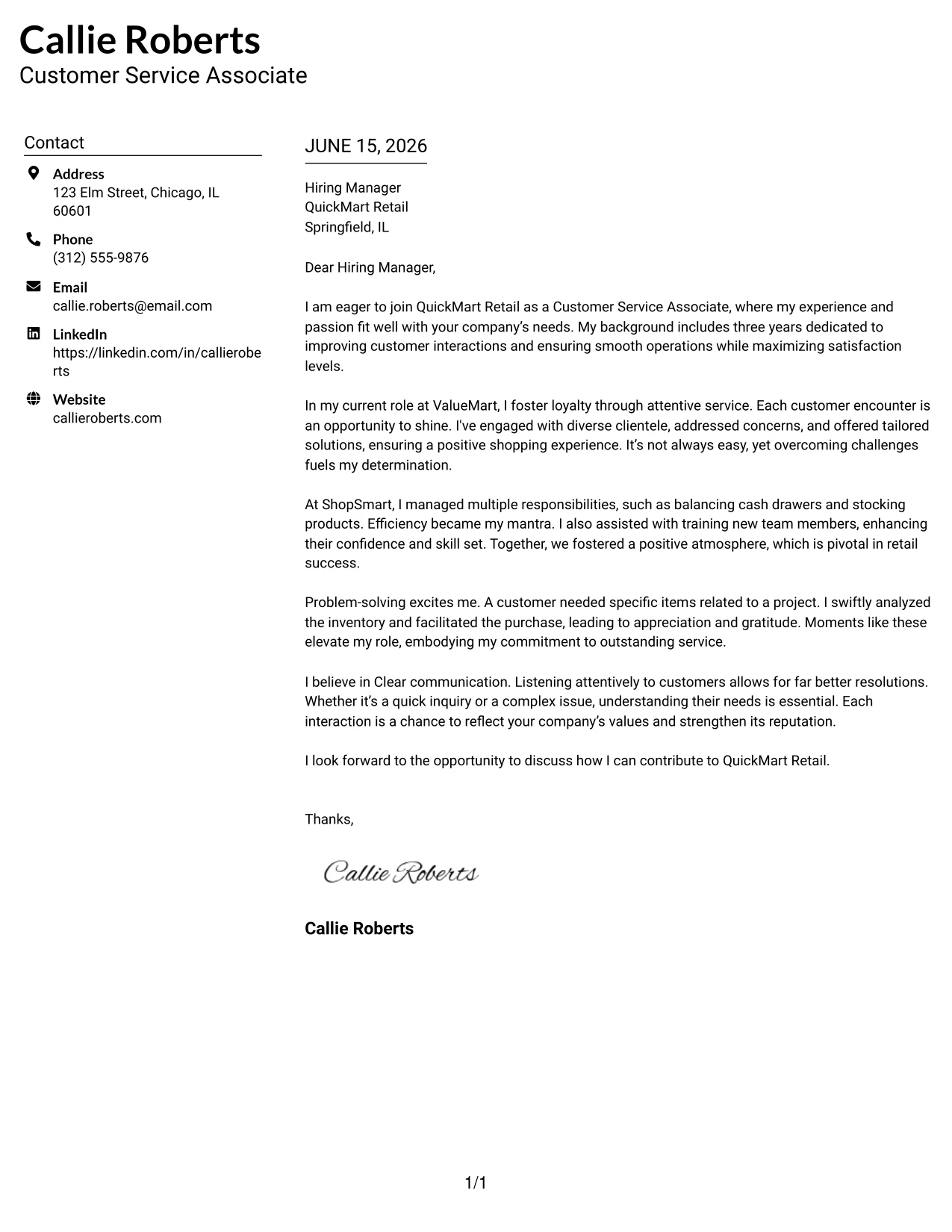Resume Example Page 1