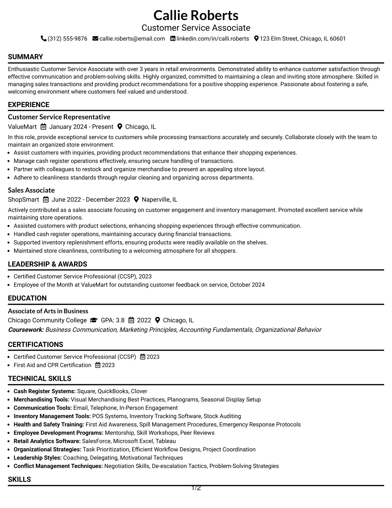 Resume Example Page 1