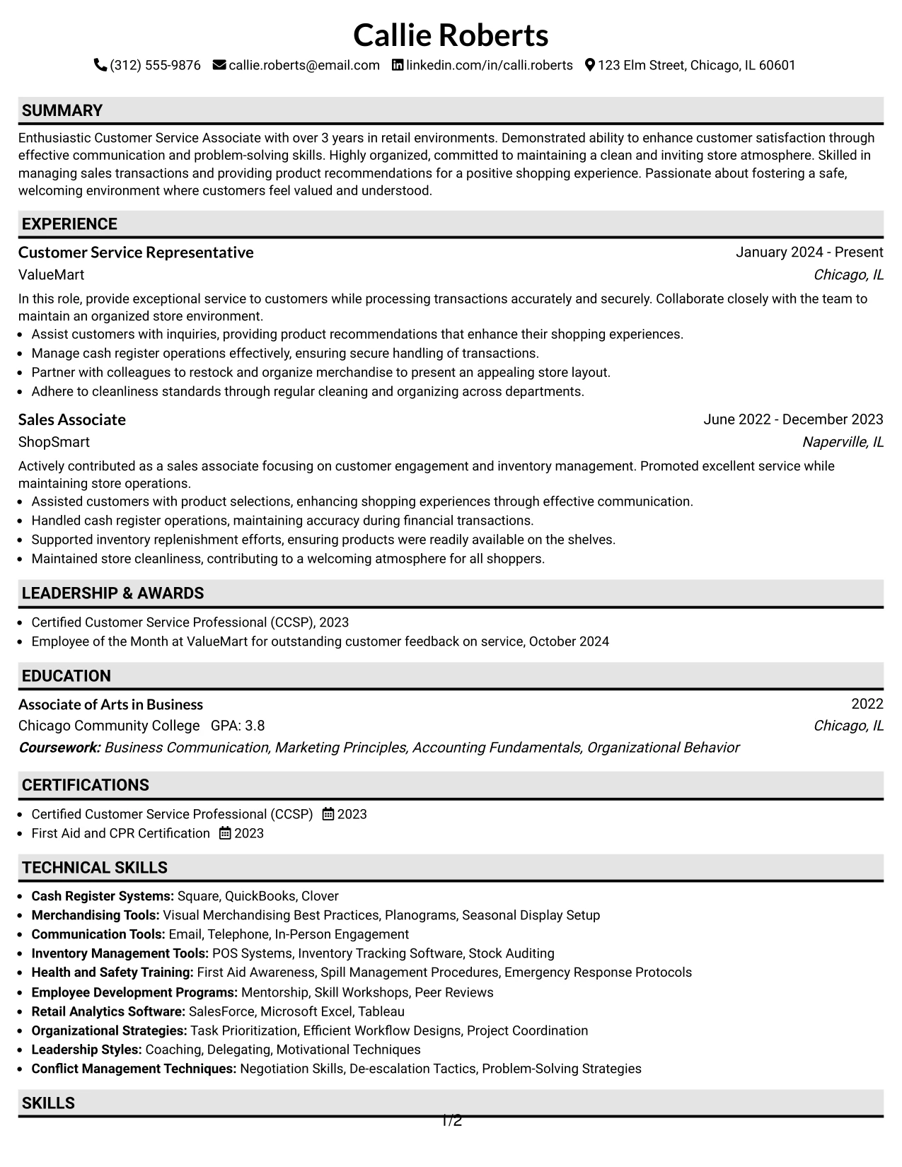 Resume Example Page 1