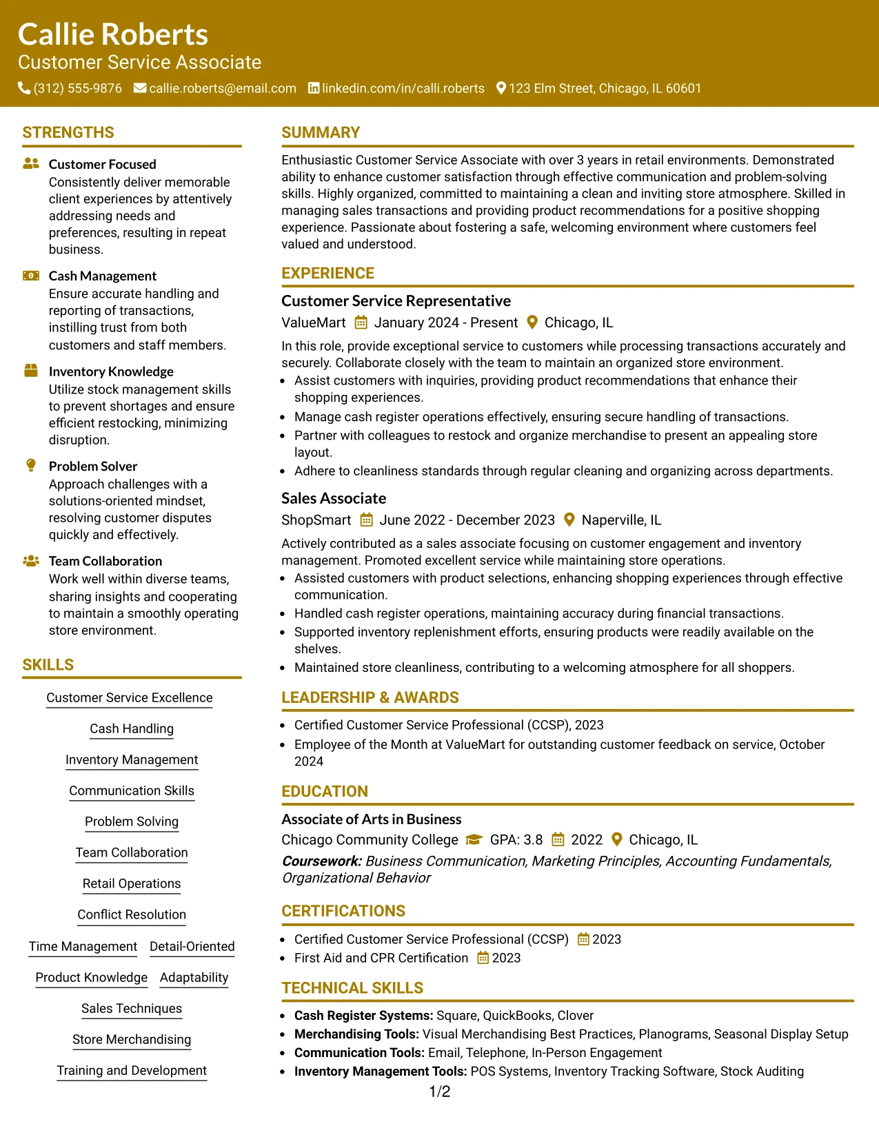 Resume Example Page 1
