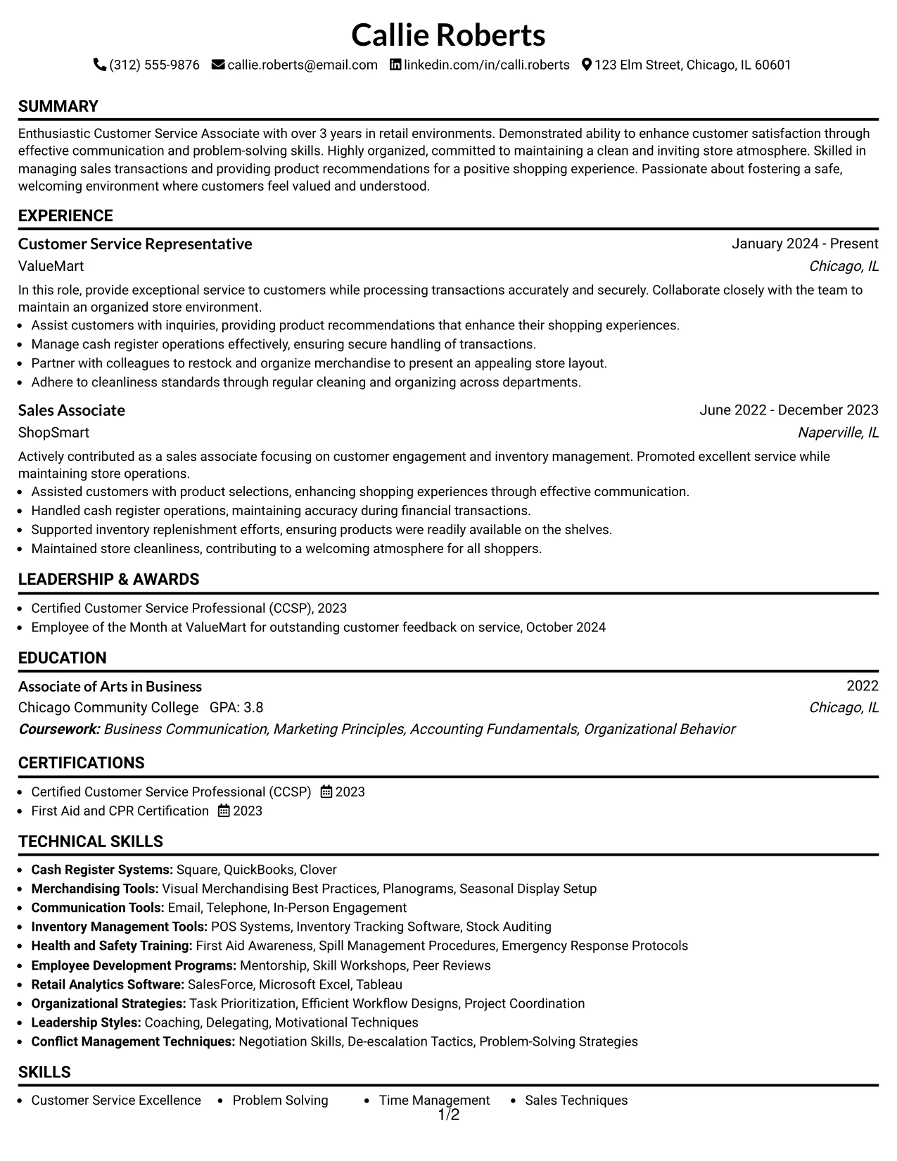 Resume Example Page 1