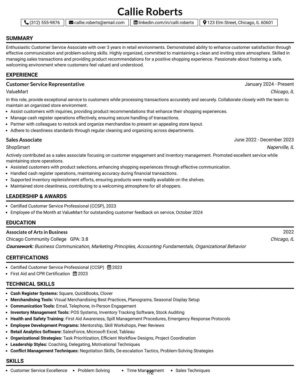 Resume Example Page 1