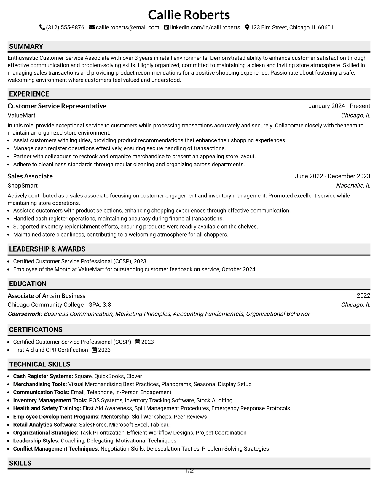 Resume Example Page 1