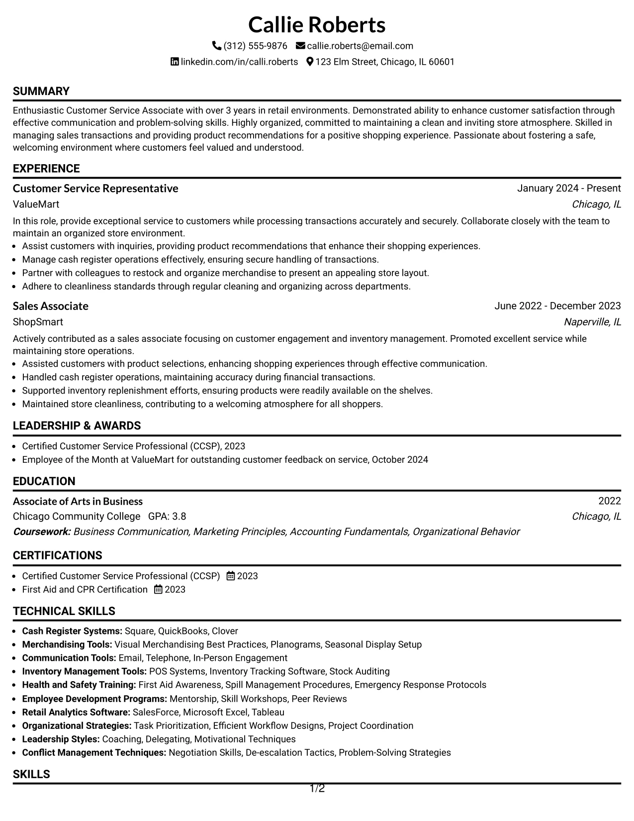 Resume Example Page 1