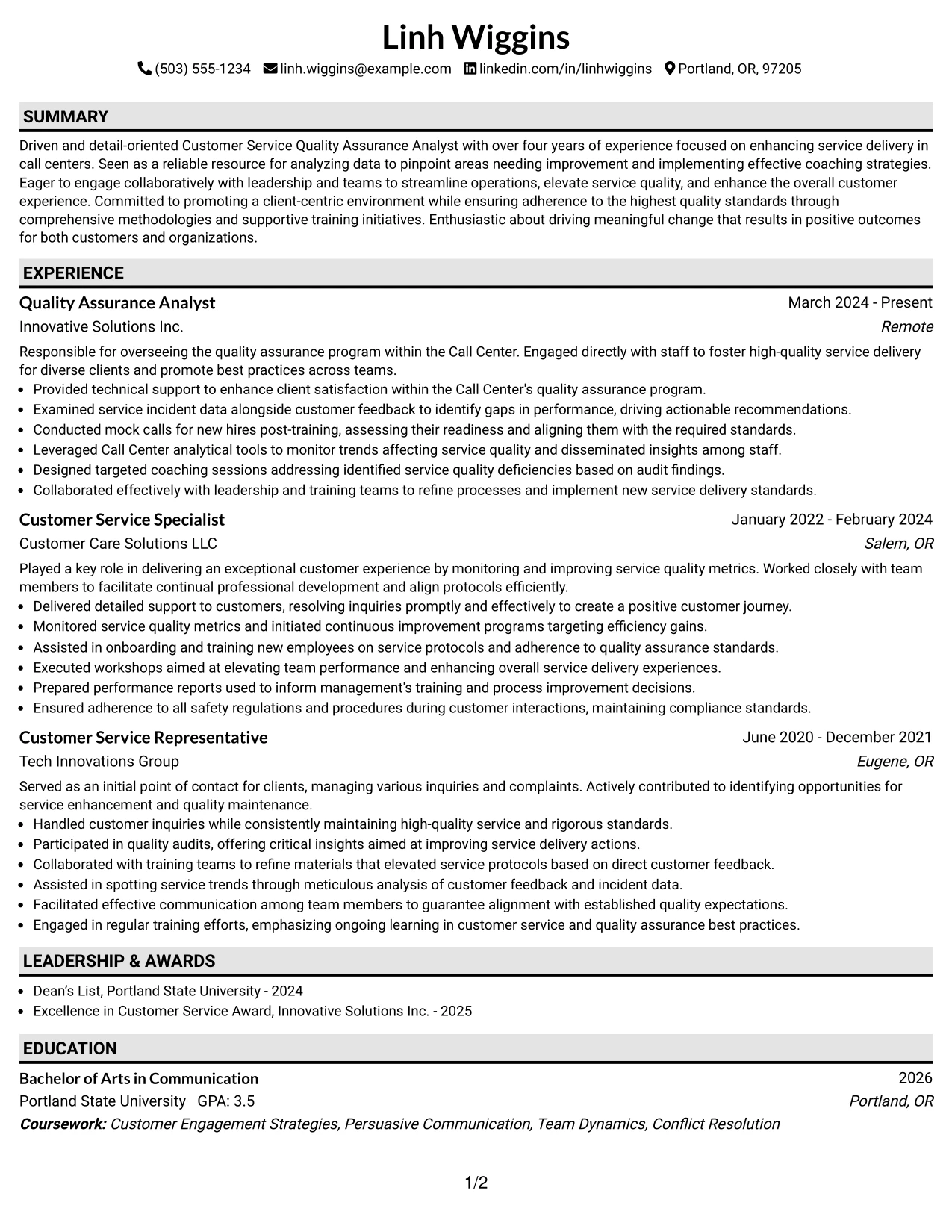 Resume Example Page 1