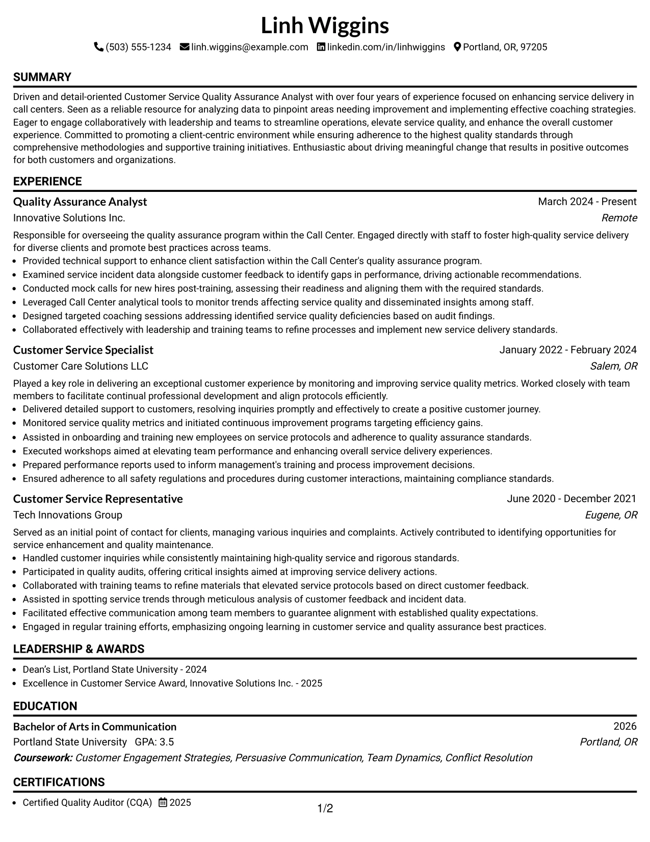 Resume Example Page 1