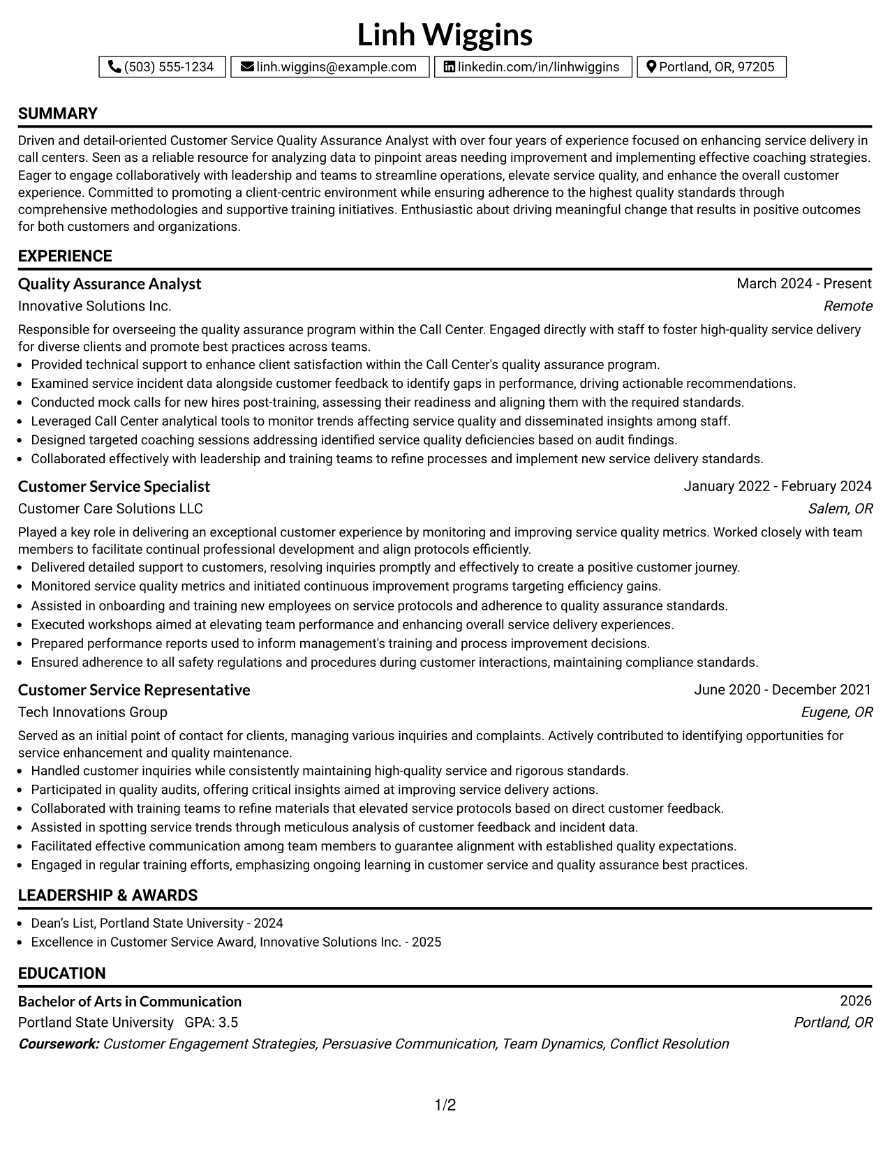 Resume Example Page 1