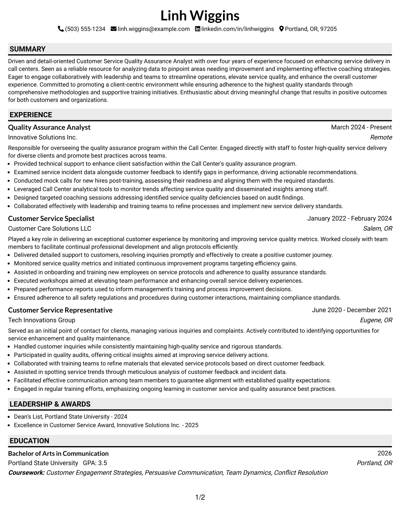 Resume Example Page 1