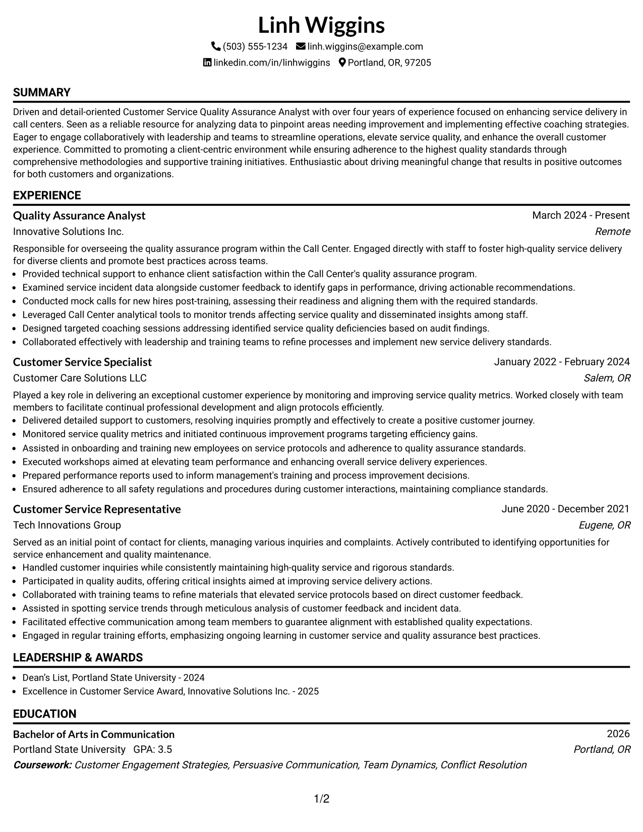 Resume Example Page 1