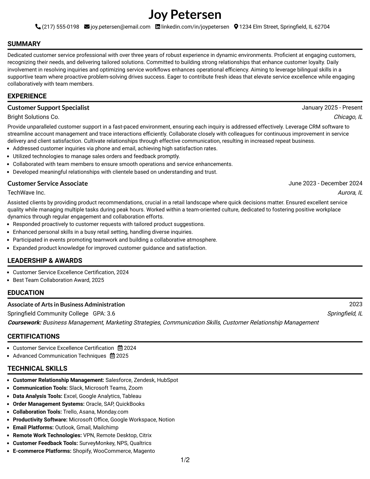 Resume Example Page 1