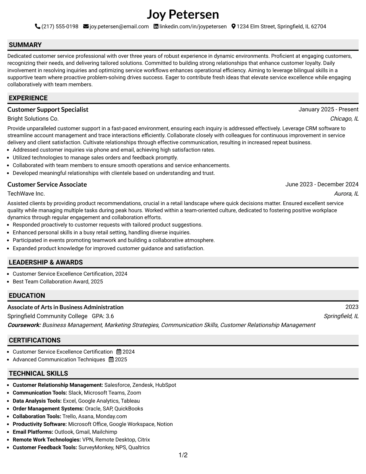 Resume Example Page 1