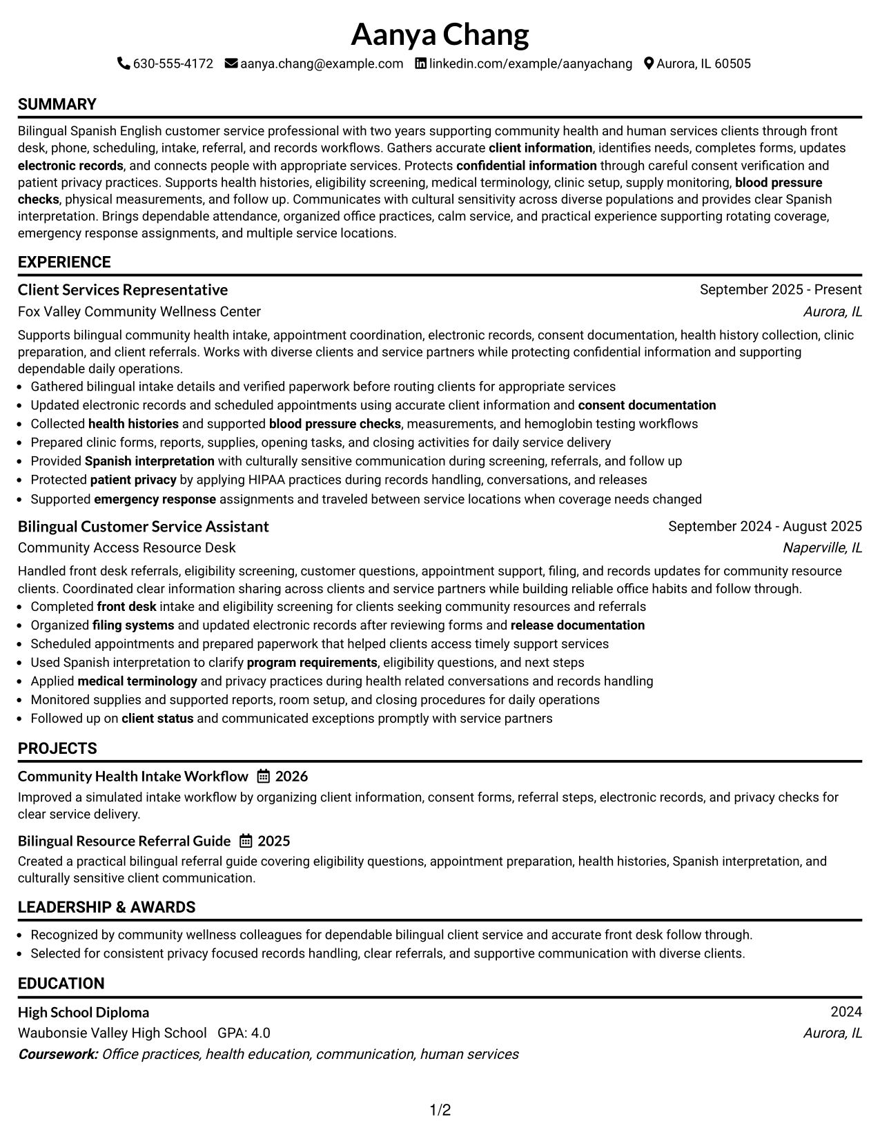 Resume Example Page 1