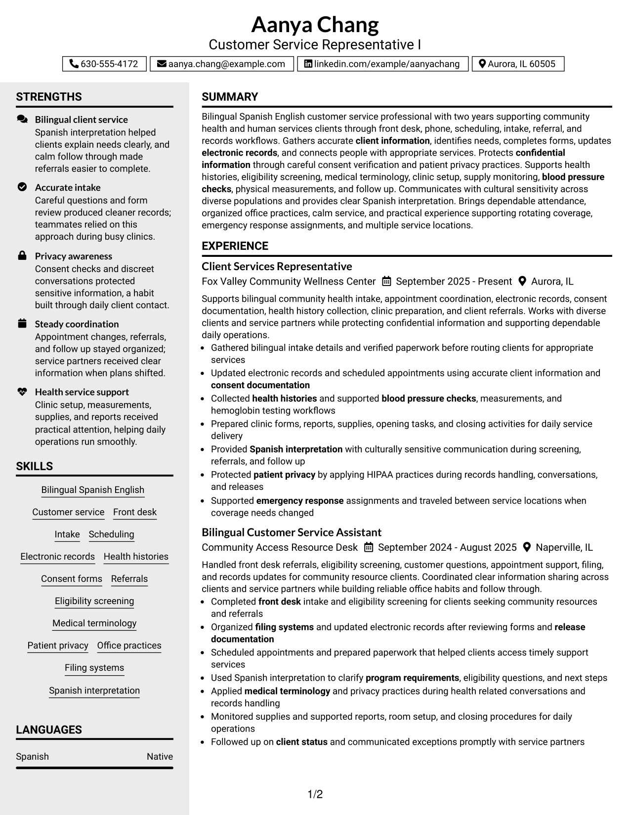 Resume Example Page 1