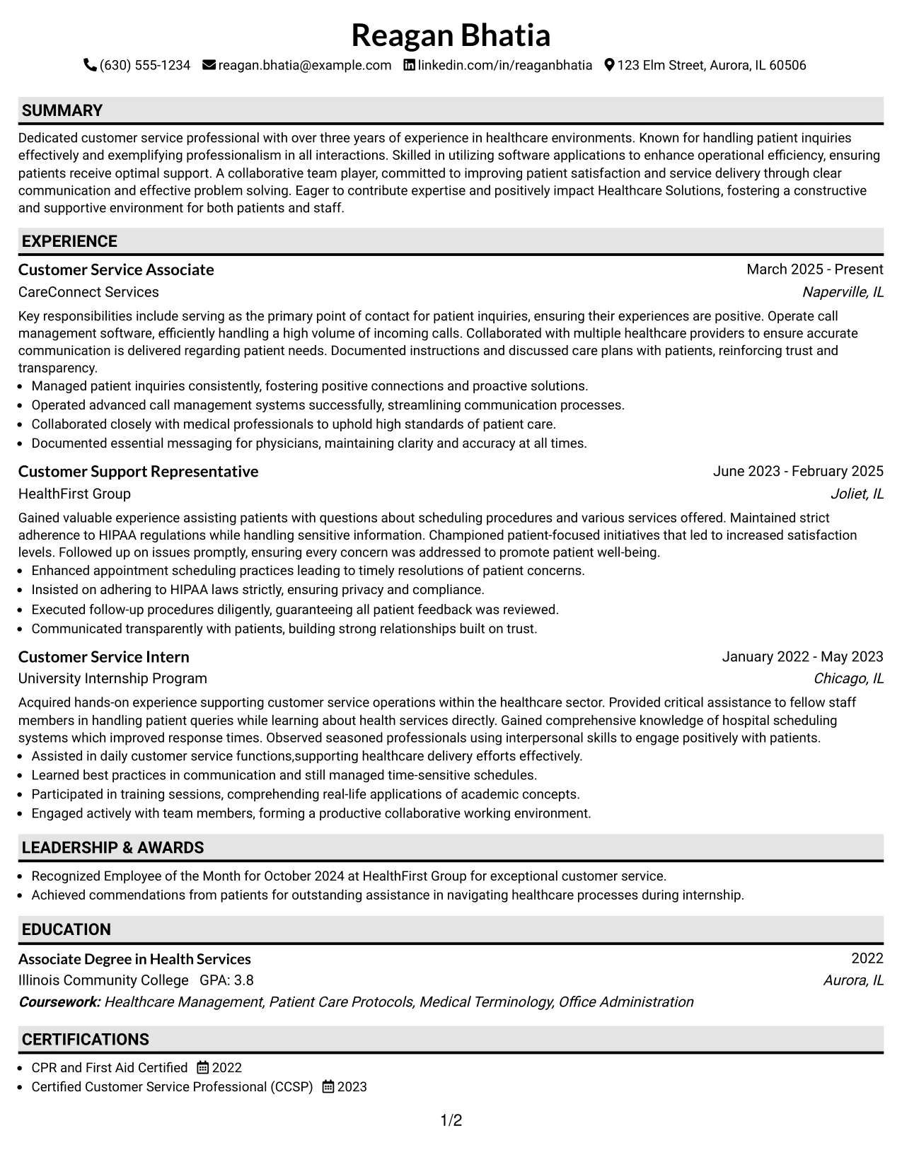Resume Example Page 1
