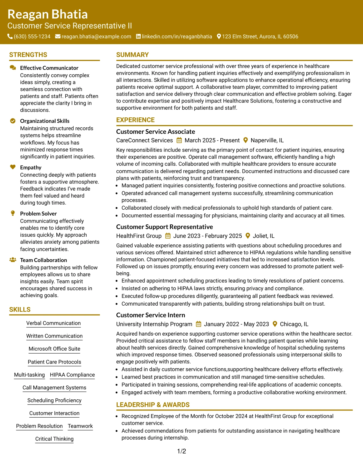 Resume Example Page 1