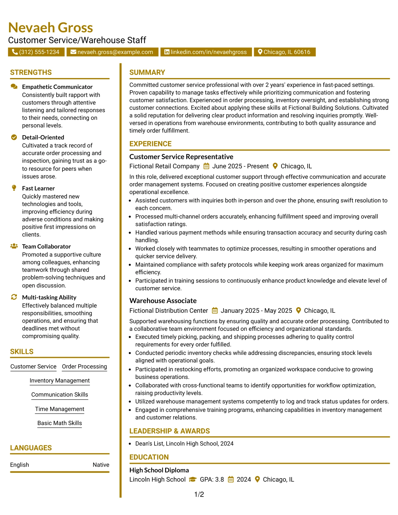 Resume Example Page 1