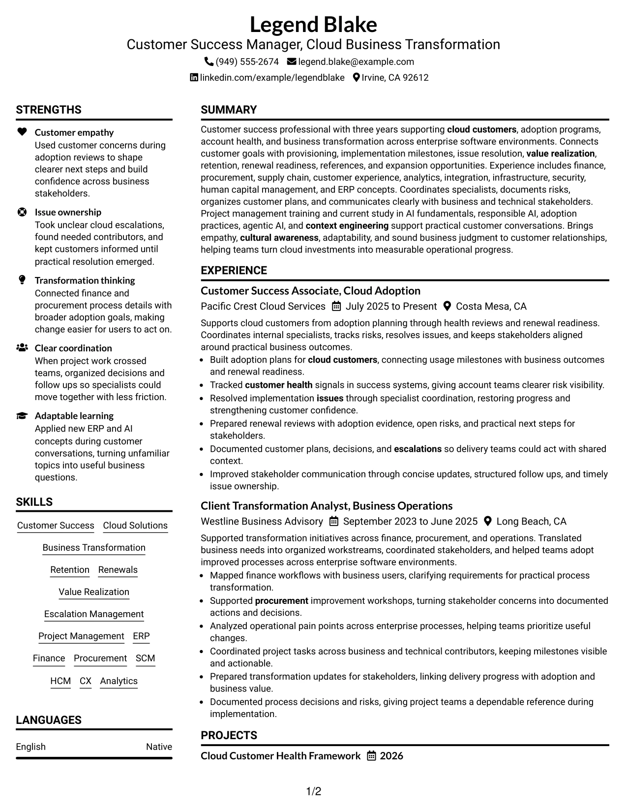 Resume Example Page 1