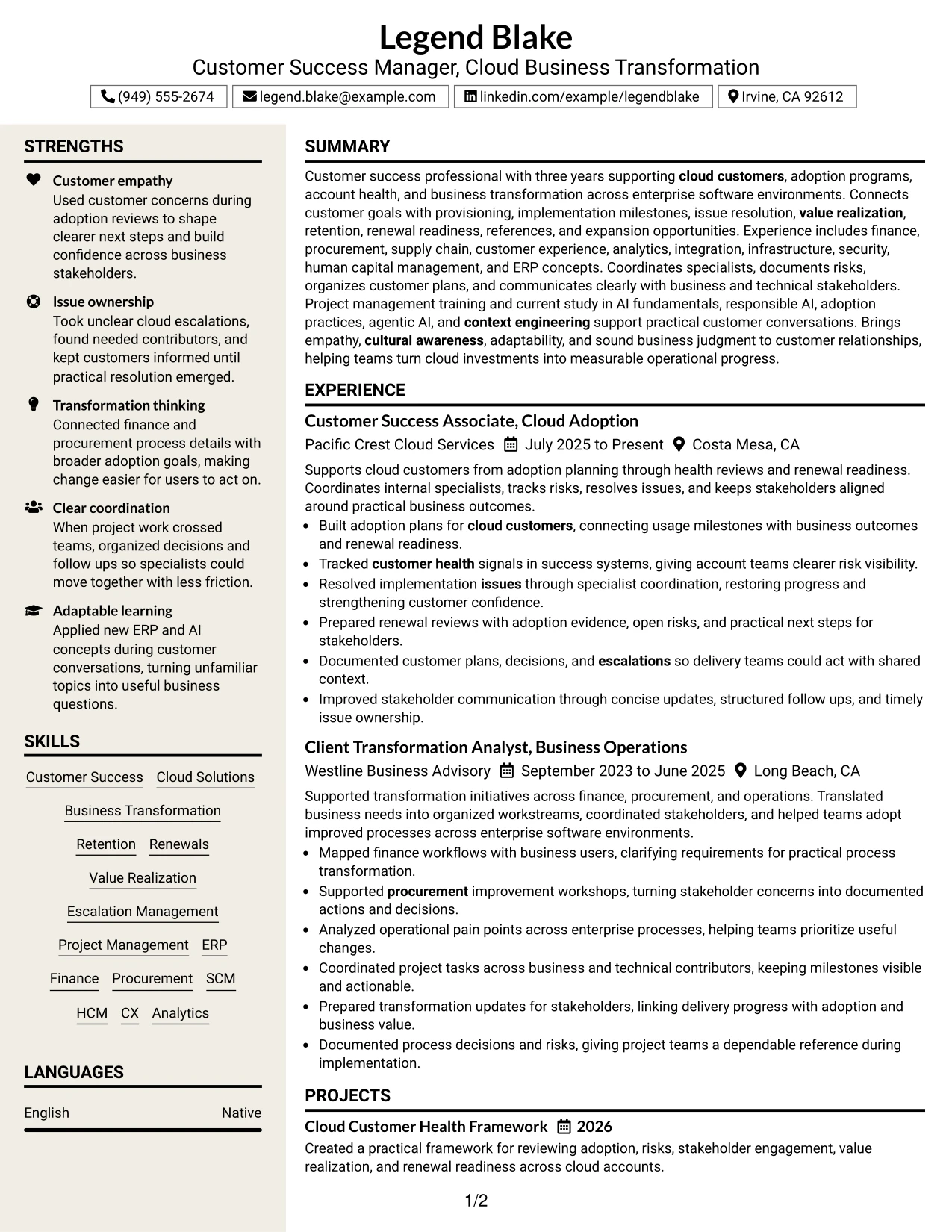 Resume Example Page 1