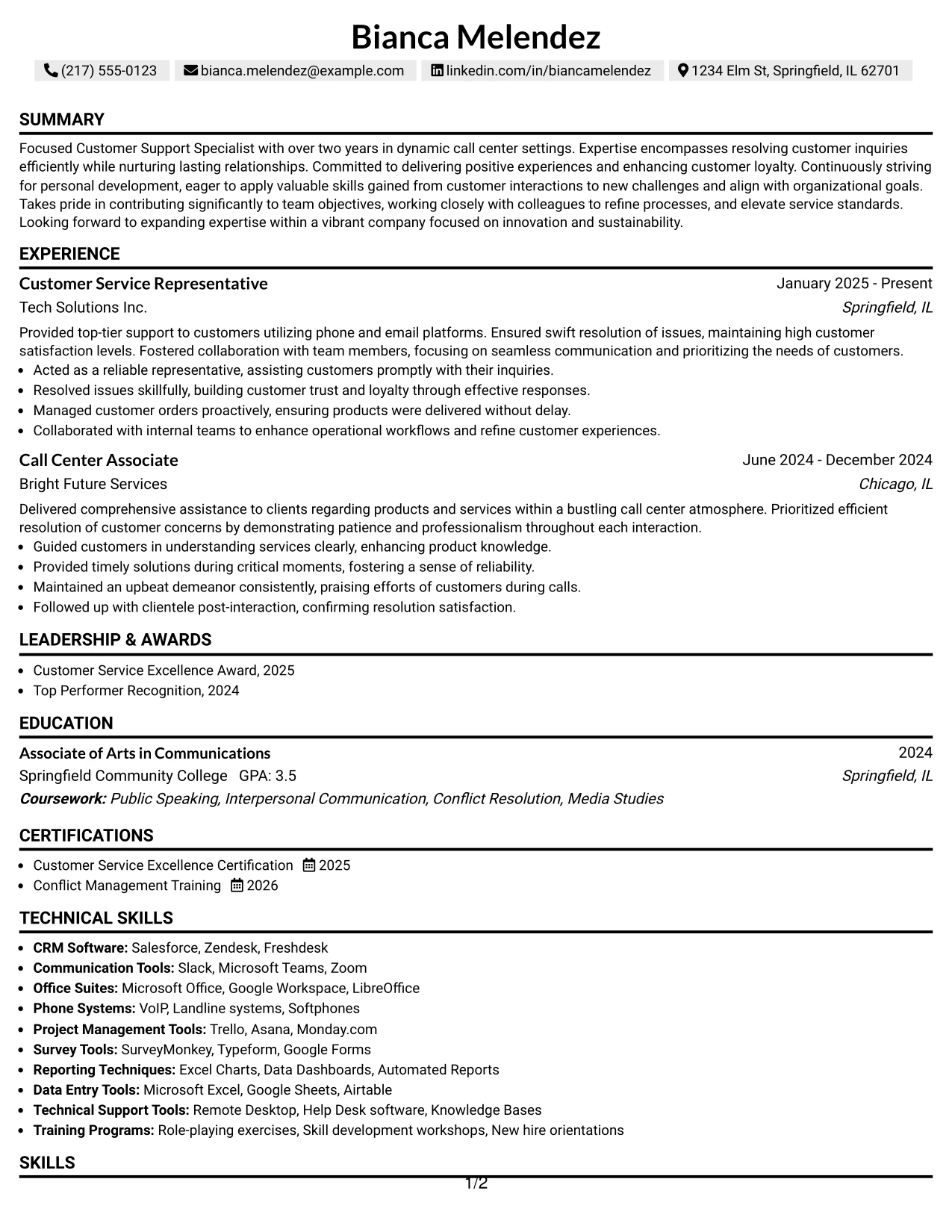 Resume Example Page 1