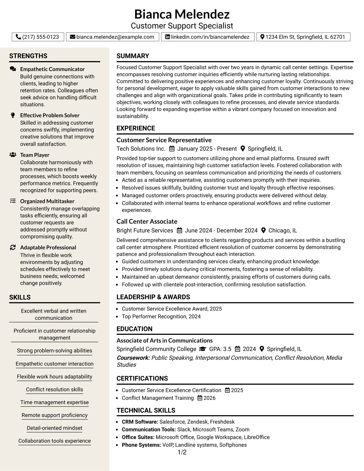 Resume Example Page 1