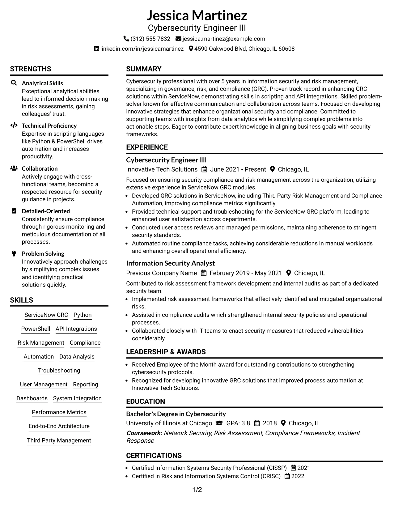 Resume Example Page 1