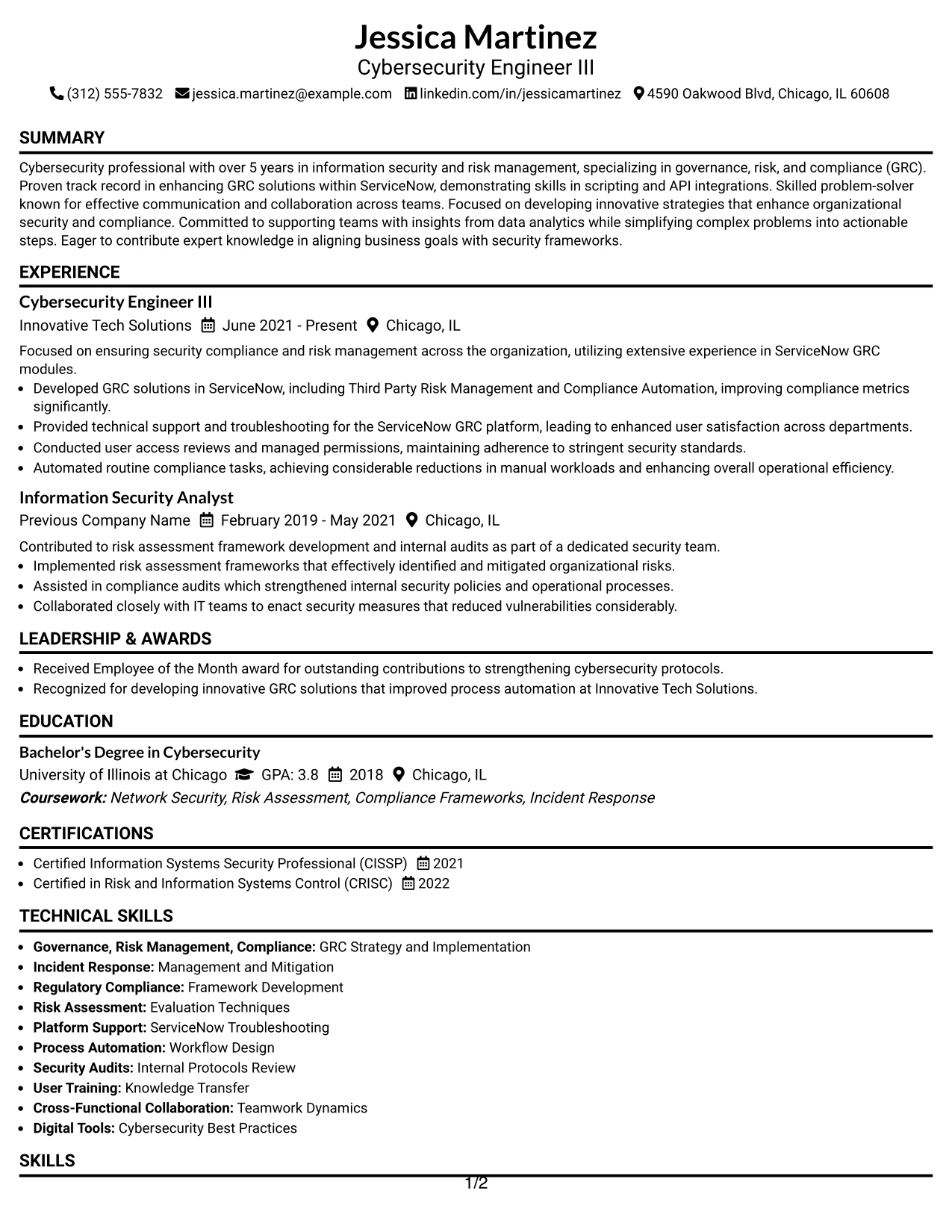 Resume Example Page 1