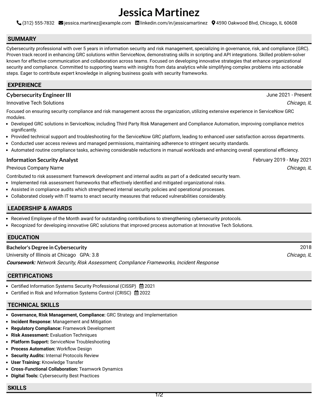 Resume Example Page 1