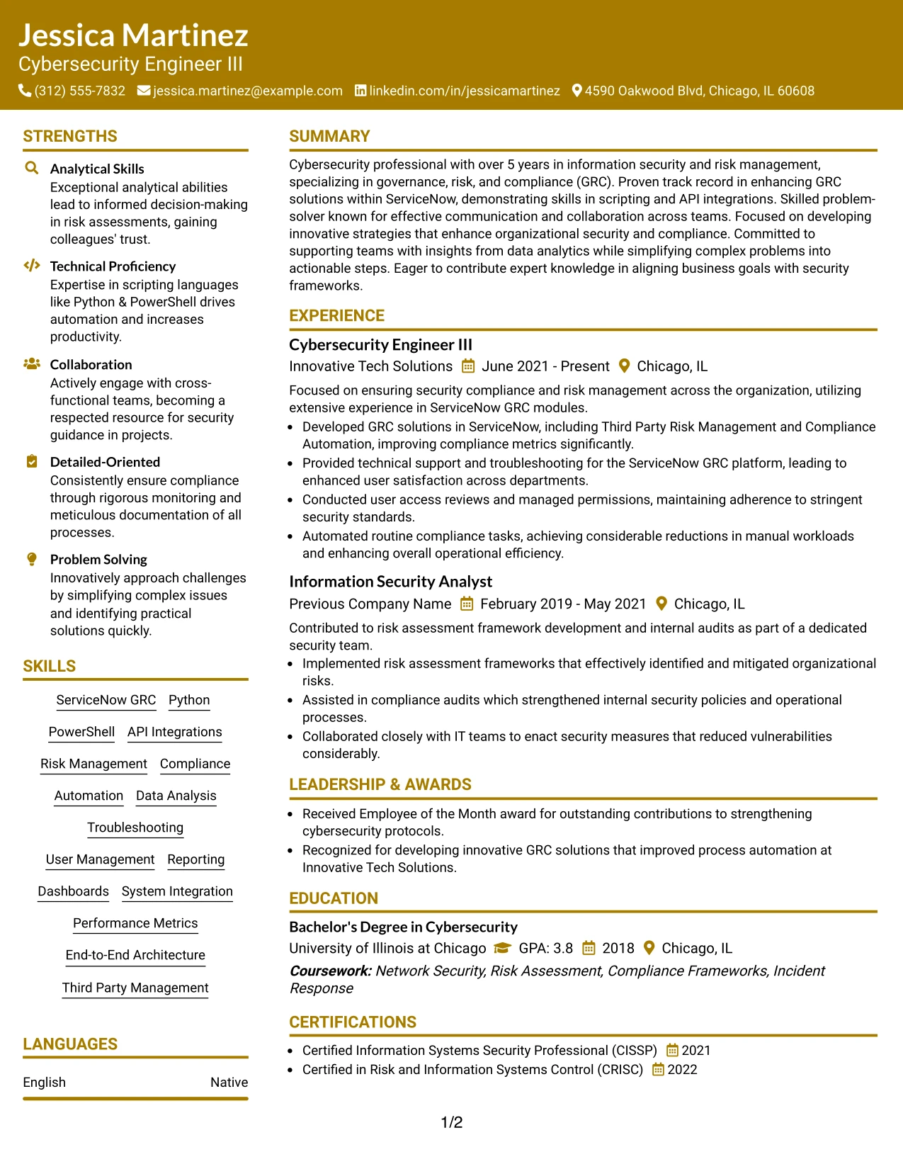 Resume Example Page 1