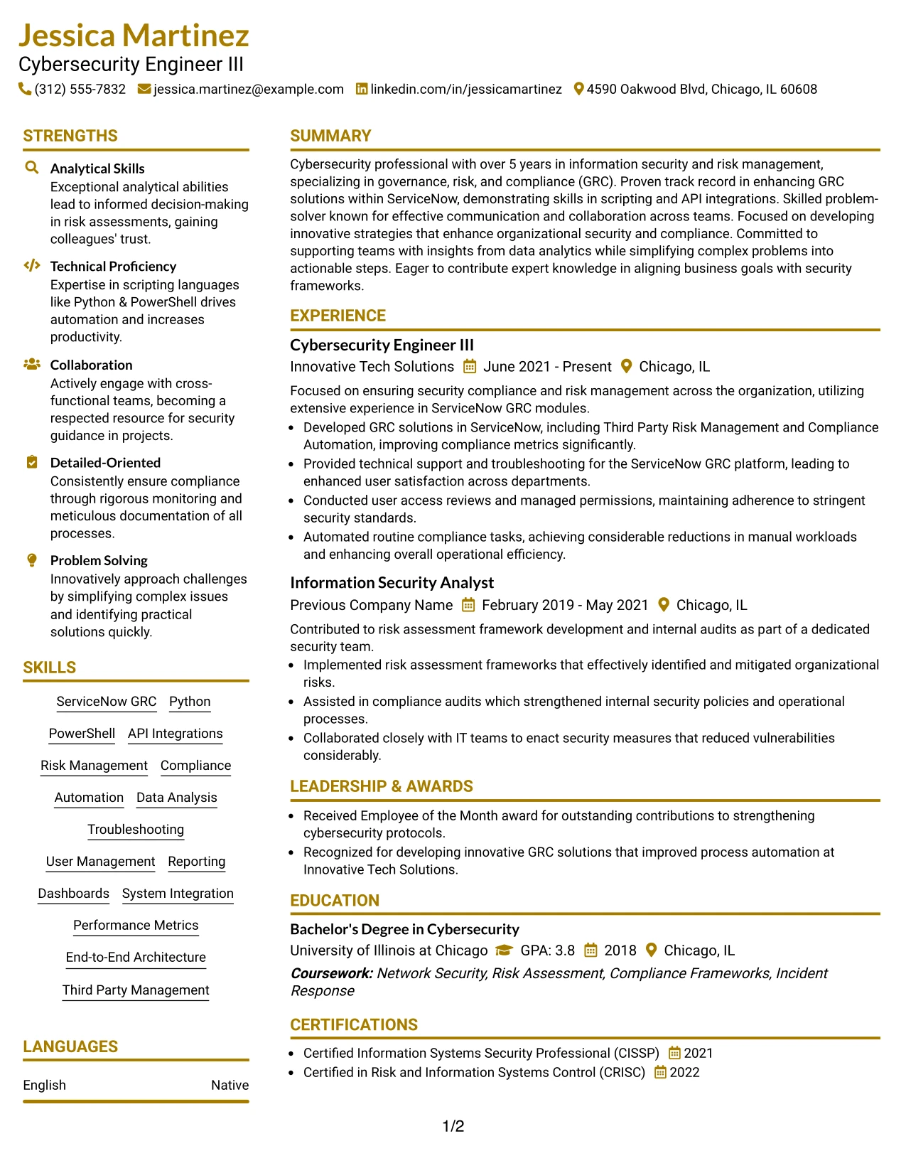Resume Example Page 1