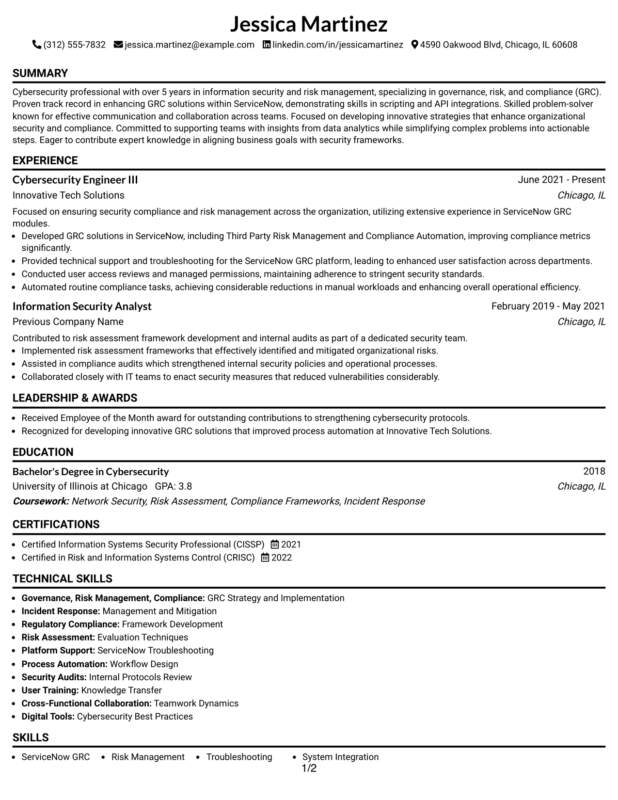 Resume Example Page 1
