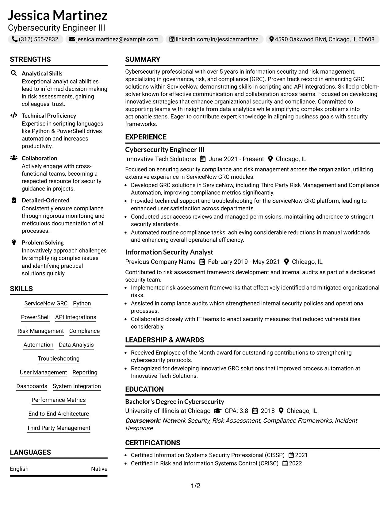 Resume Example Page 1