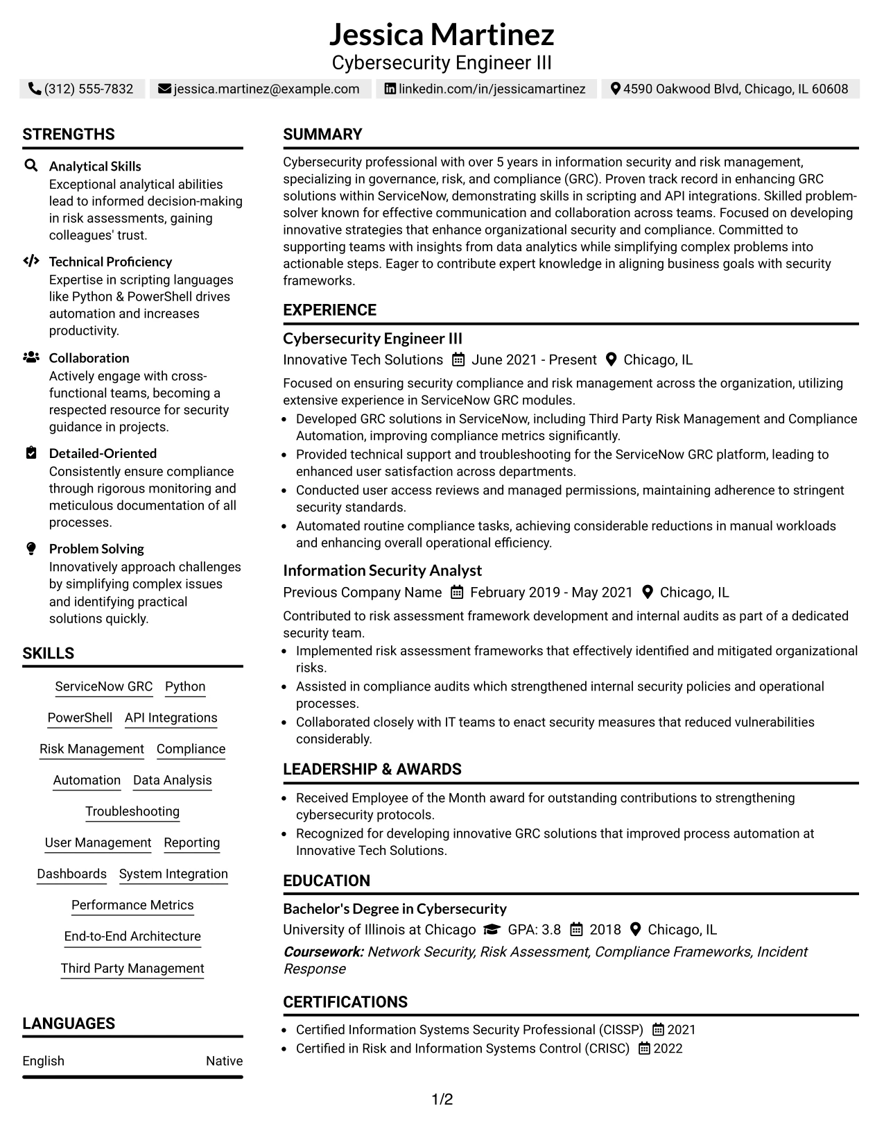 Resume Example Page 1