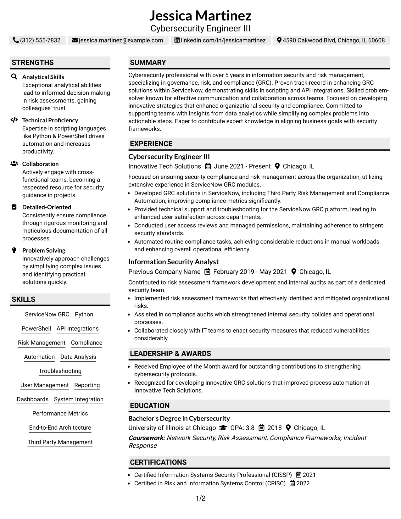 Resume Example Page 1