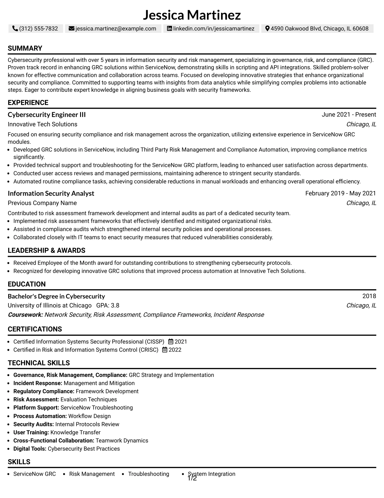 Resume Example Page 1