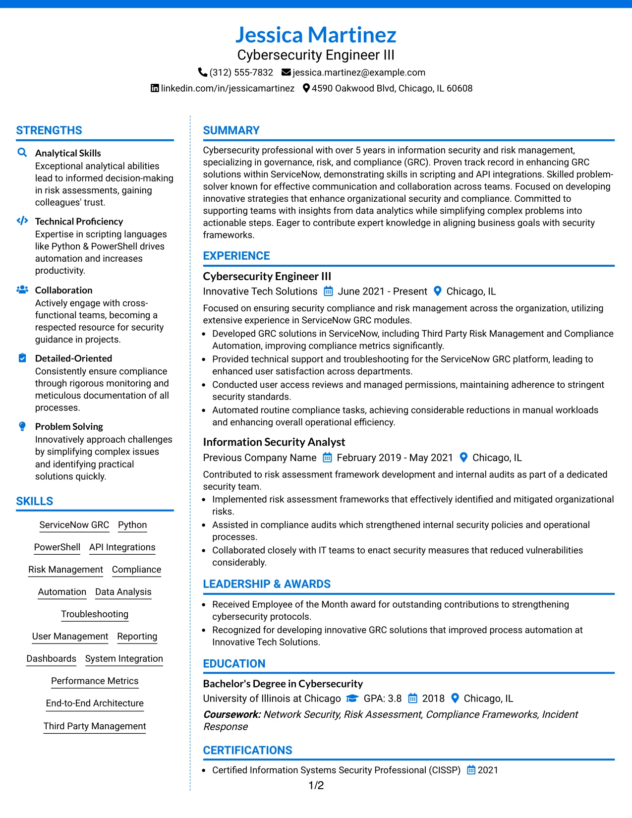 Resume Example Page 1