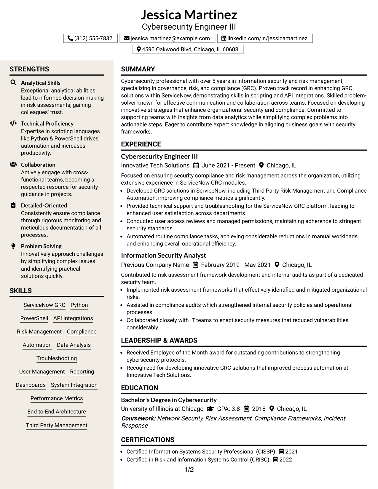 Resume Example Page 1