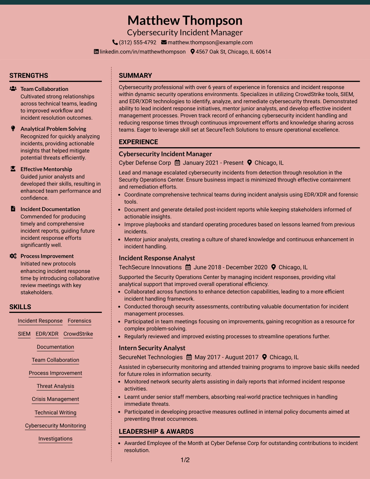 Resume Example Page 1