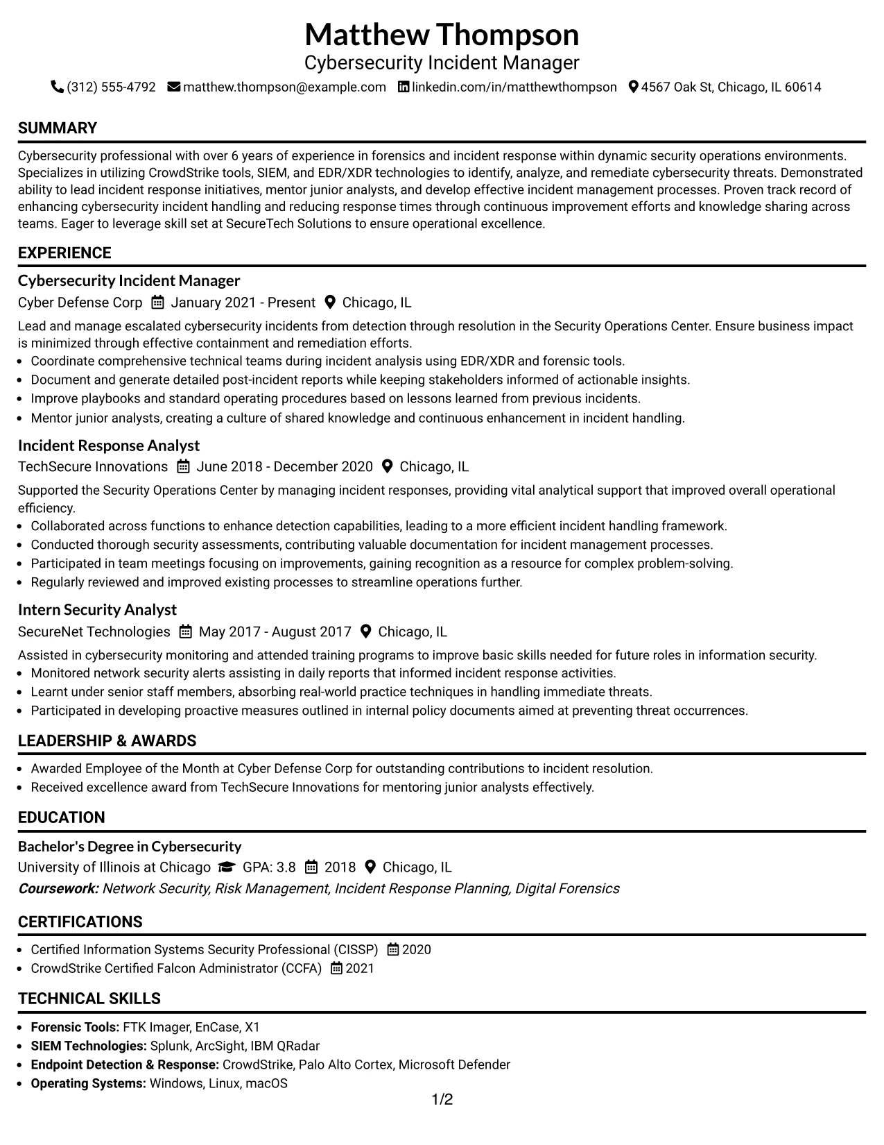 Resume Example Page 1