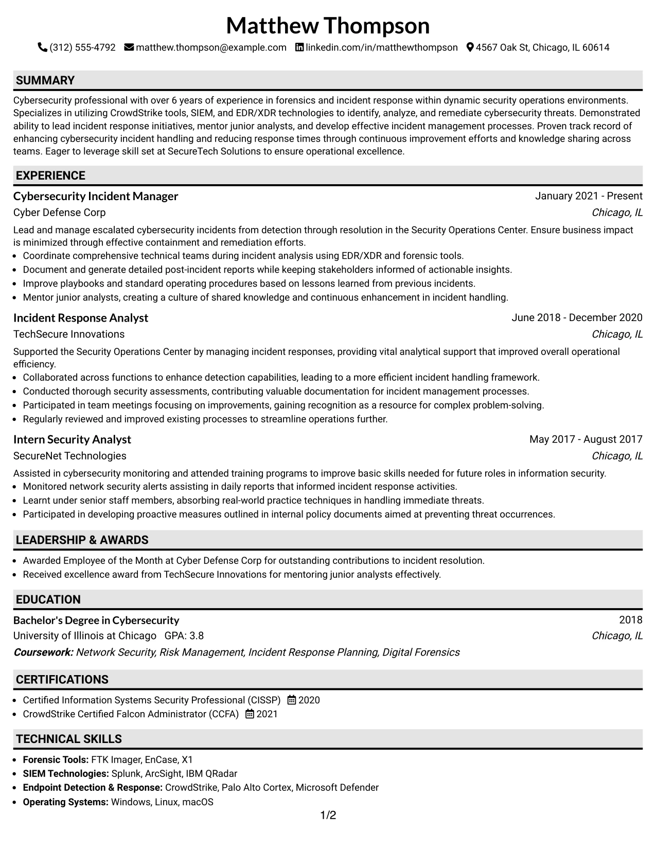 Resume Example Page 1