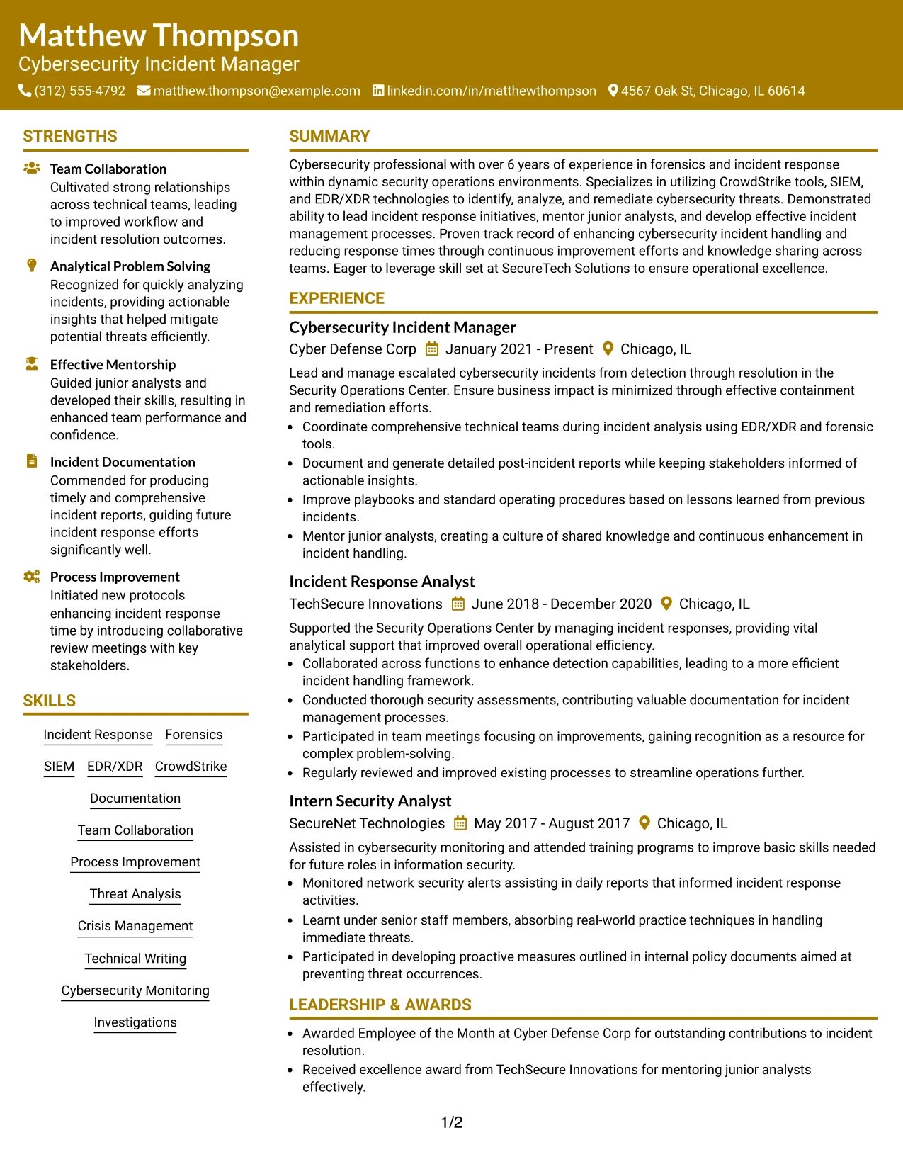 Resume Example Page 1