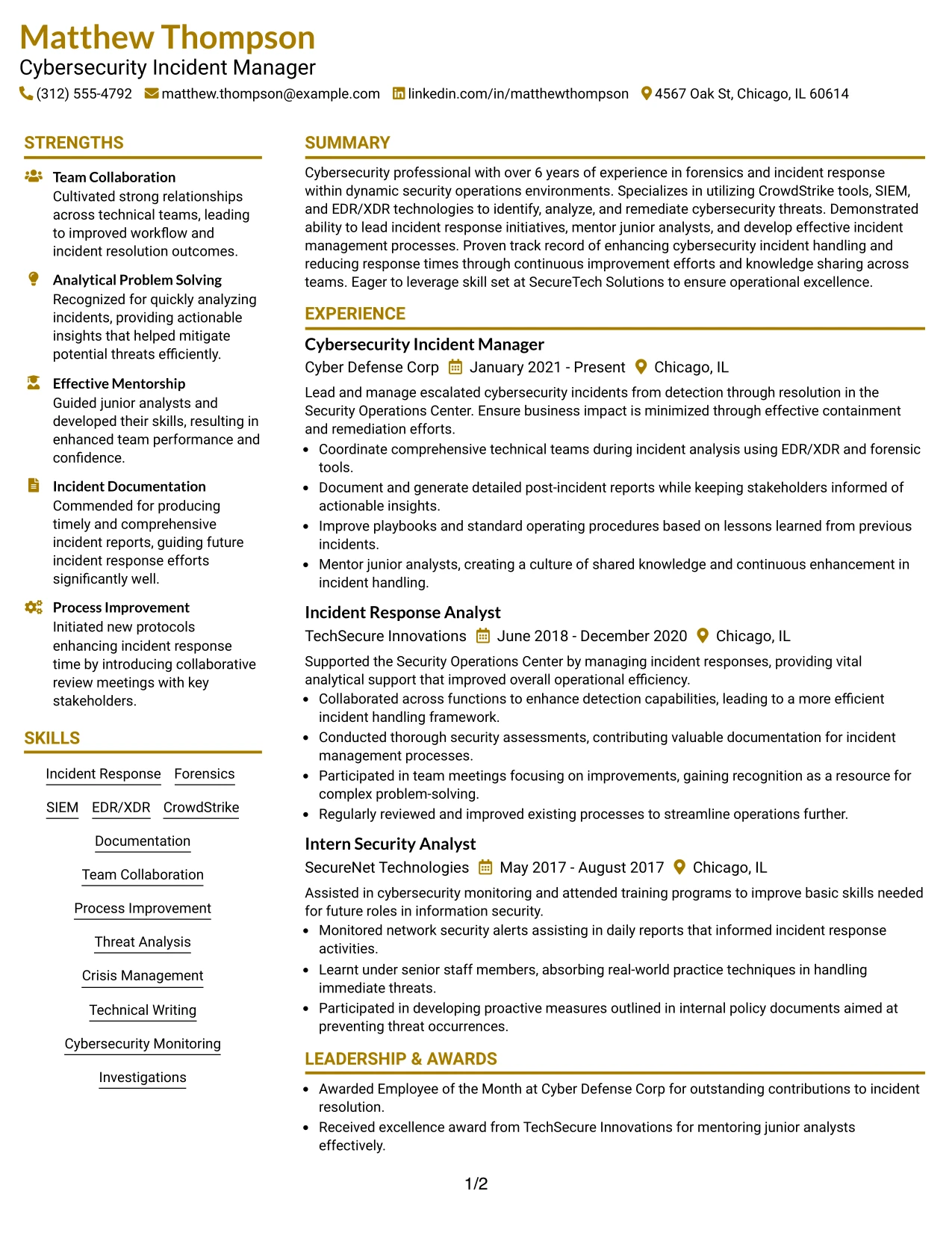 Resume Example Page 1