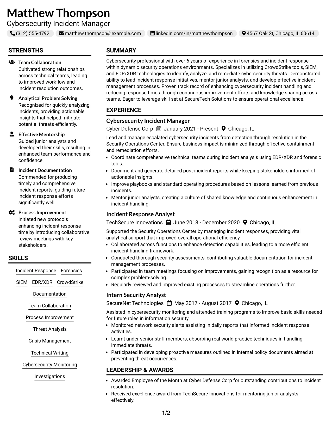 Resume Example Page 1