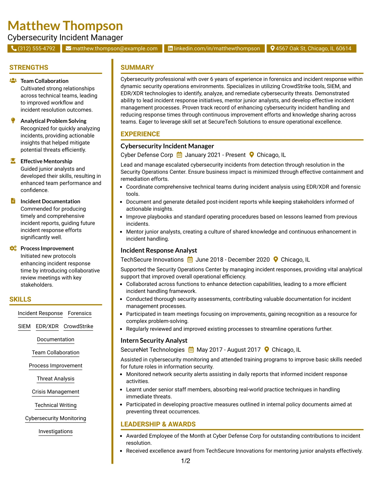 Resume Example Page 1