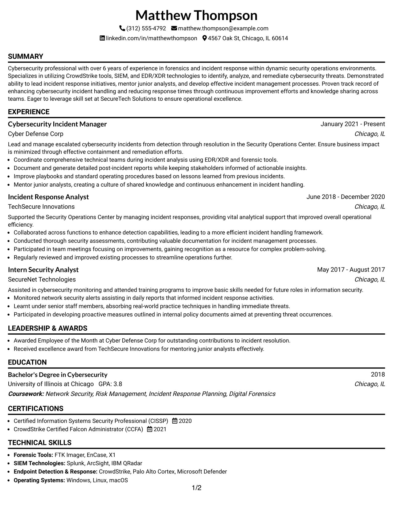 Resume Example Page 1
