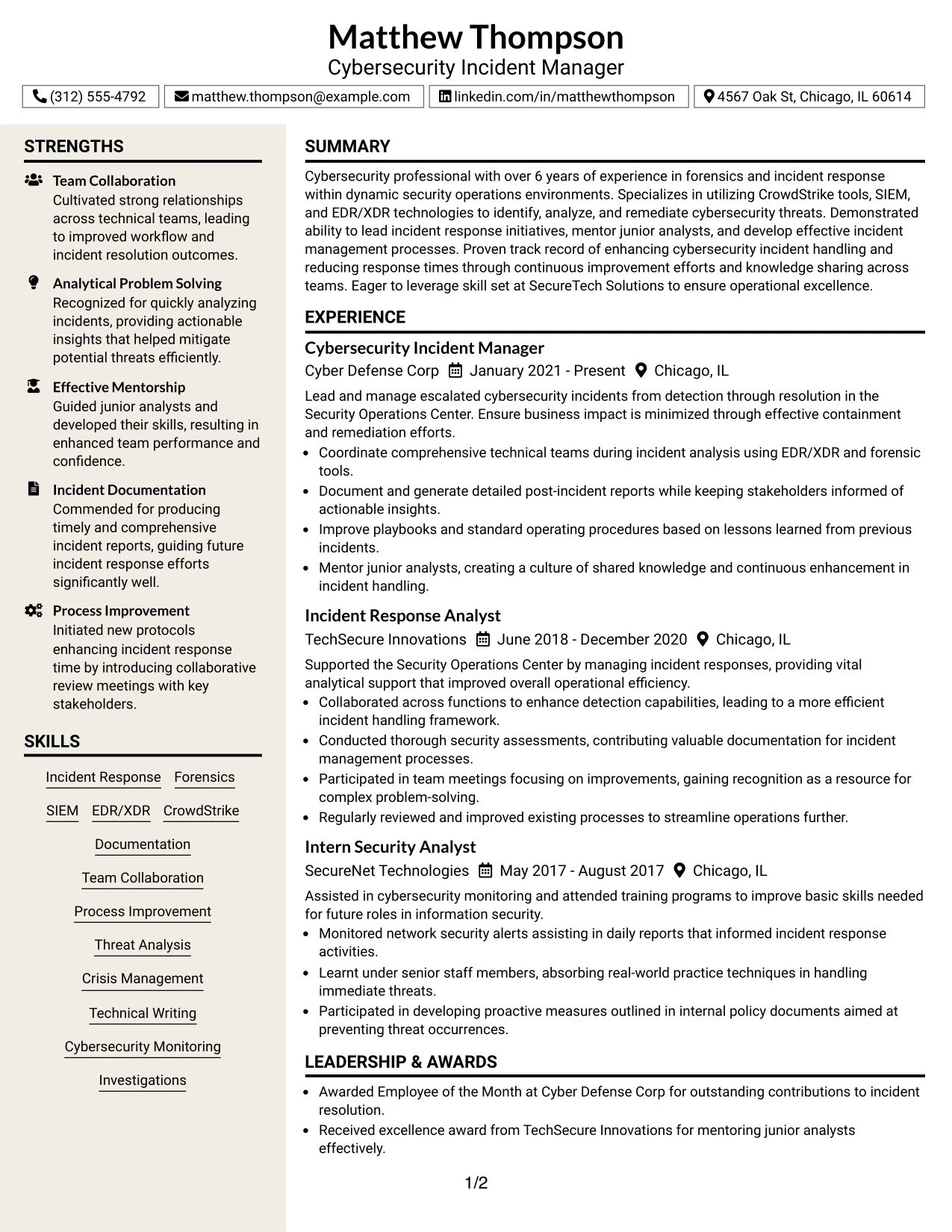 Resume Example Page 1