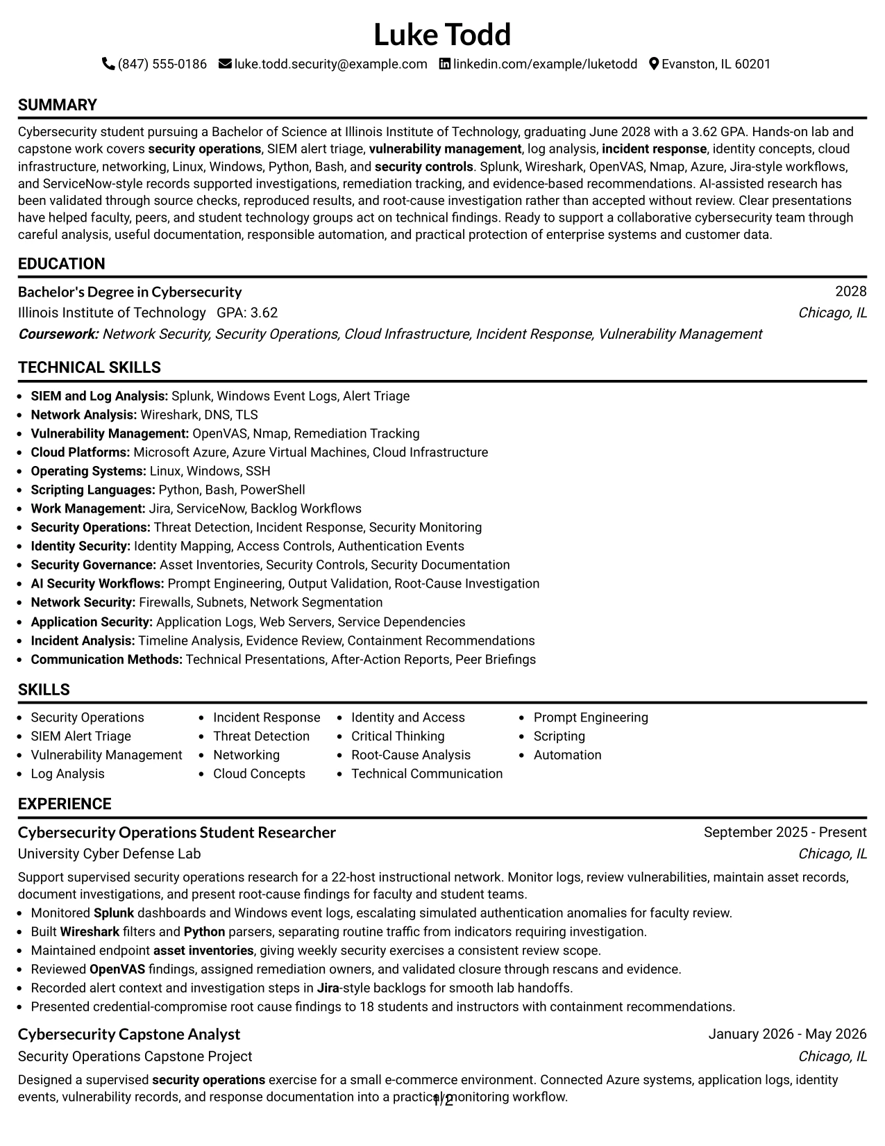 Resume Example Page 1