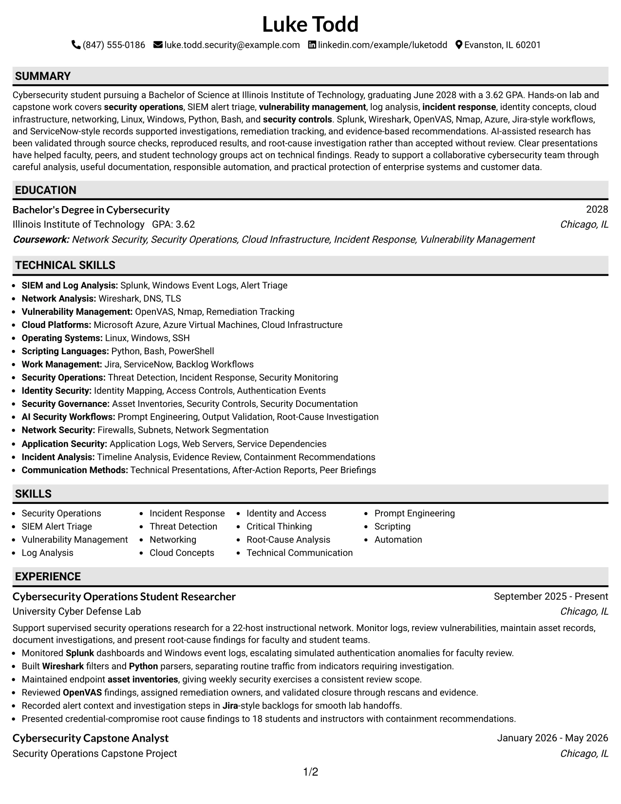 Resume Example Page 1