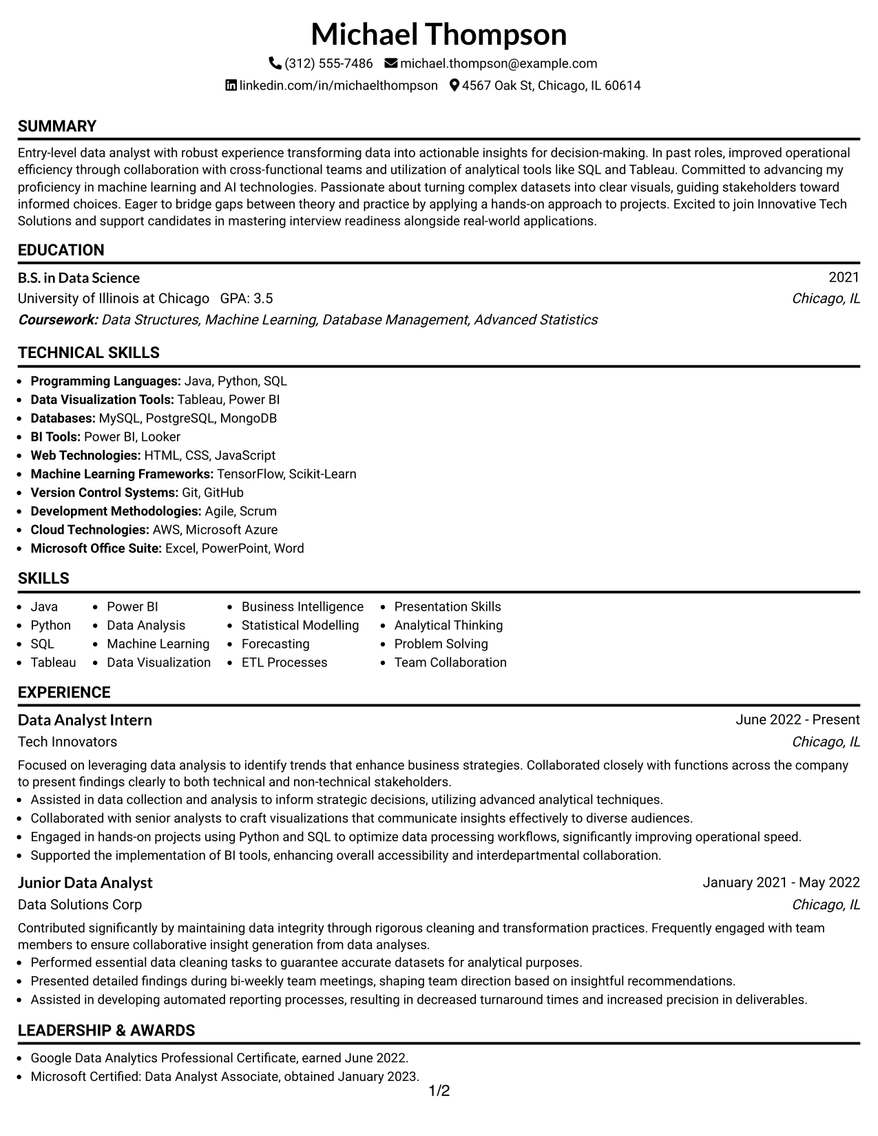 Resume Example Page 1