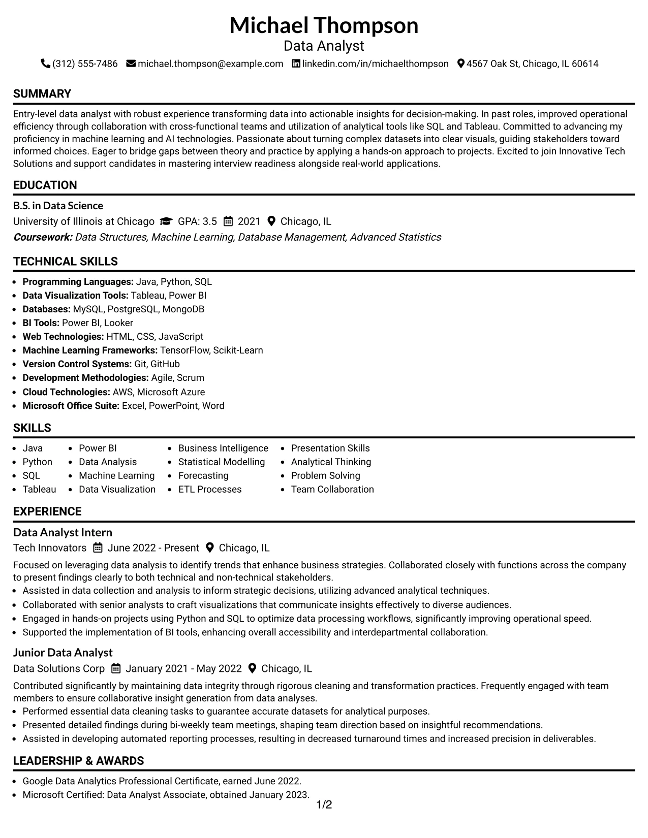 Resume Example Page 1